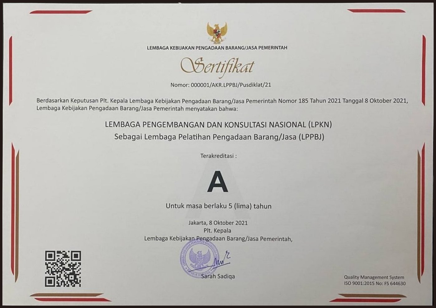 Sertifikat akreditasi A LKPP untuk LPKN